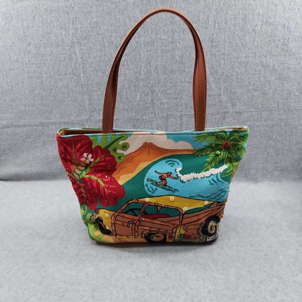 Surfer Woodie car Aloha Hawaii Hawaiian Print Canvas  Handbag With Leather Handl - Picture 6 of 13